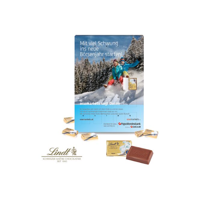 Firmengeschenk Lindt Wand-Adventskalender Select Edition – weihnachtlich – mit bedrucktem Etikett ca. 200g als Weihnachtsgeschenk für Kunden