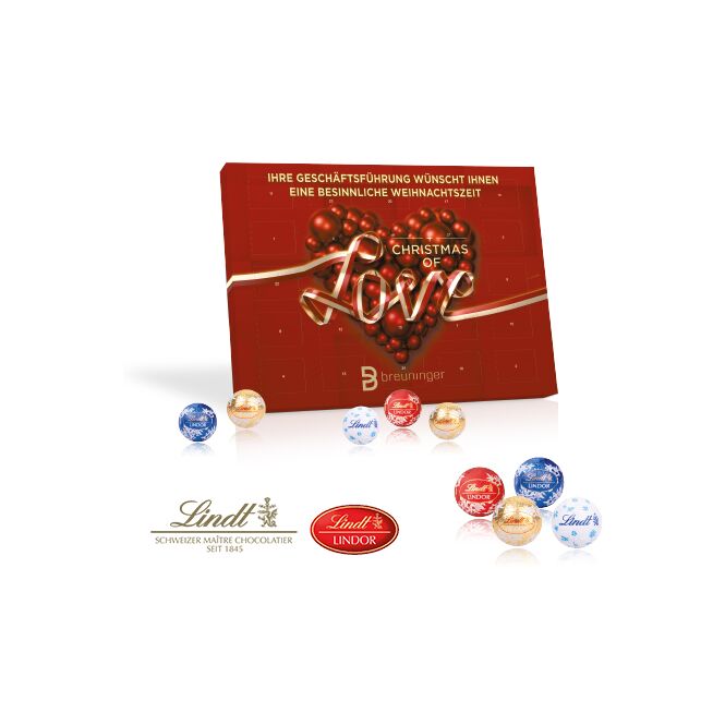 Firmengeschenk Lindt Gourmet Edition – bunt – inkl. Werbeaufdruck. Premium-Adventskalender als Weihnachtsgeschenk für Kunden und Partner