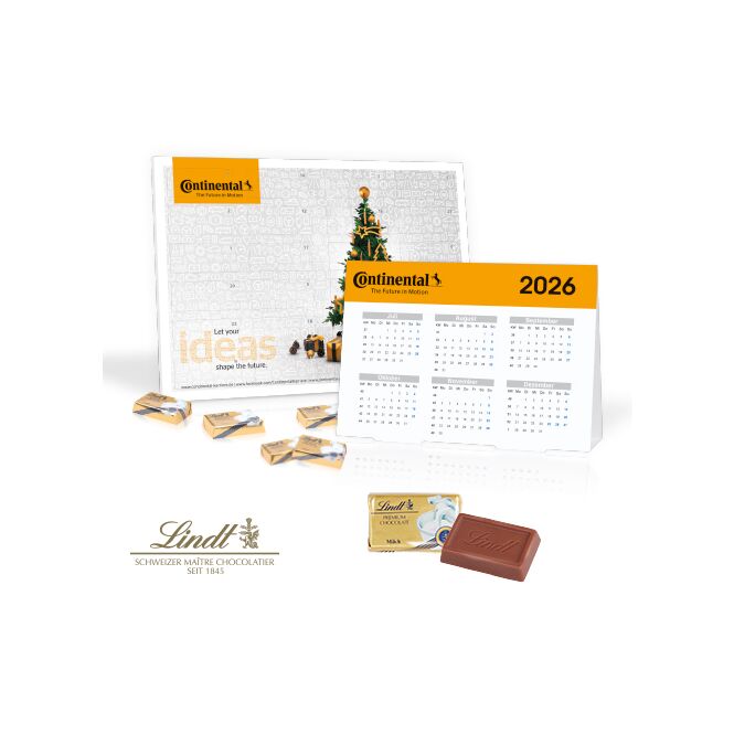 Mitarbeiter-Weihnachtsgeschenk Lindt Adventskalender mit Jahresplaner mit Logodruck – Bunt – hochwertiges Schokoladen-Präsent für das Büro