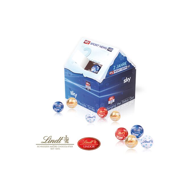 Mitarbeiter-Weihnachtsgeschenk Adventskalender Weihnachtshaus mit Lindt Schokolade und Logodruck – Bunt – exklusives Firmenpräsent für Kunden