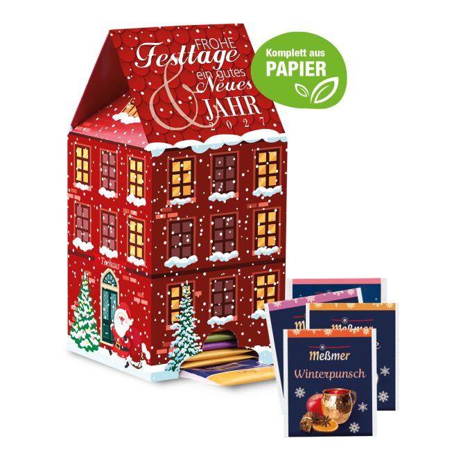 Mitarbeiter-Weihnachtsgeschenk Tee-Adventskalender Meßmer Hausform mit Logodruck – Bunt – Nachhaltiger Teegenuss für Firmen und Büro