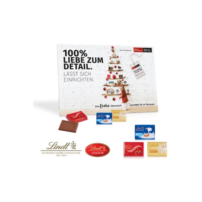 Mitarbeiter-Weihnachtsgeschenk Tisch-Adventskalender mit Lindt Schokolade und Logodruck – Bunt – Süßigkeiten als Firmenpräsent