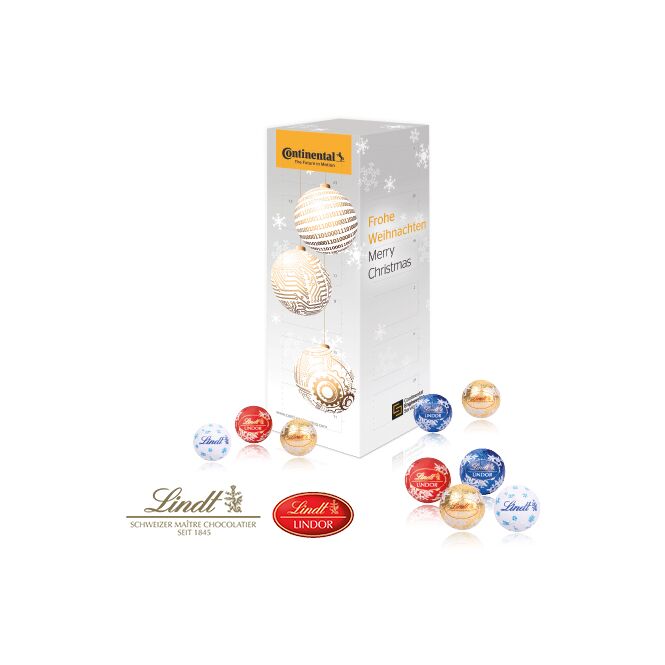 Kundenpräsent Adventskalender Turm mit Logodruck – Bunt – Nachhaltiger Schoko-Adventskalender für Firmen
