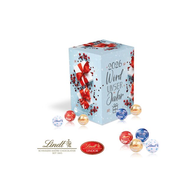 Kundenpräsent Adventskalender Cube XL mit Lindt mit Logodruck – Bunt – Weihnachtsgebäck für Mitarbeiter und Geschäftspartner