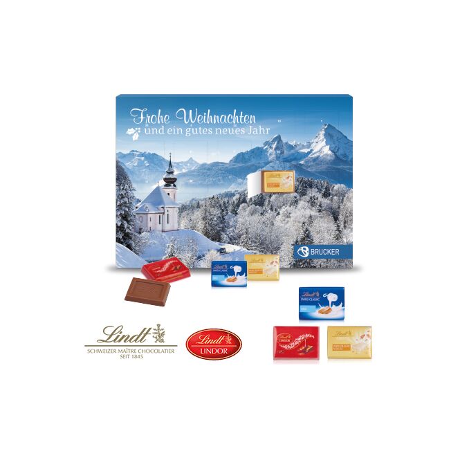 Firmengeschenk Lindt Exklusiv Wand-Adventskalender – bunt – mit bedrucktem Etikett als Weihnachtsgeschenk für Kunden und Partner