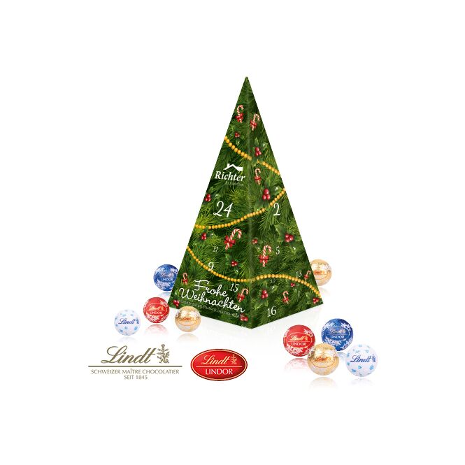 Firmengeschenk Lindt Weihnachtspyramide – weihnachtlich – mit individuellem Werbeaufdruck 200g als Weihnachtsgeschenk für Kunden und Partner