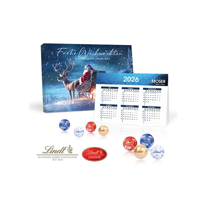 Mitarbeiter-Weihnachtsgeschenk Adventskalender mit Lindt Lindor Minis mit Logodruck – Bunt – hochwertiges Firmenpräsent für die Adventszeit