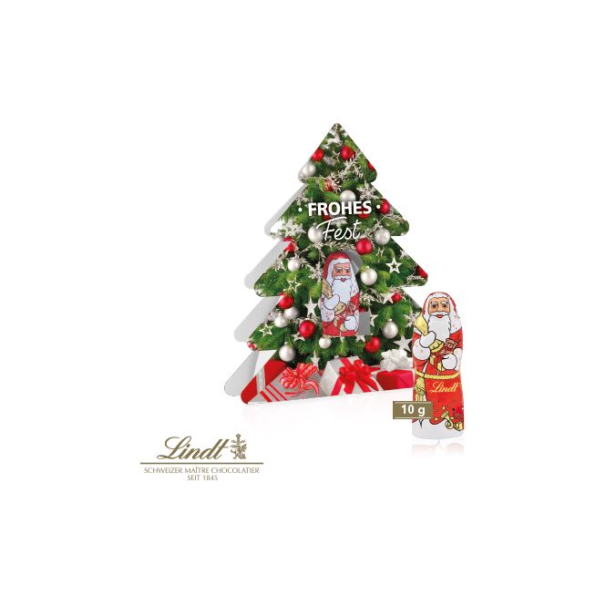 Firmengeschenk Lindt Weihnachtsmann – weihnachtsbaum – mit bedrucktem Etikett als Weihnachtsgeschenk für Kunden und Partner