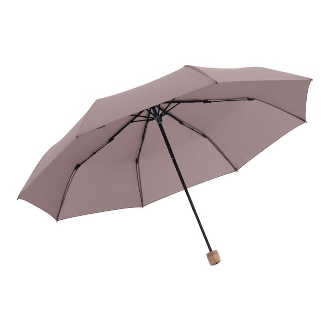 Firmengeschenk Taschenschirm Knirps Timber – pink – mit Logodruck, Buchenholzgriff & rPET-Material, kompakter Wetter-Schutz