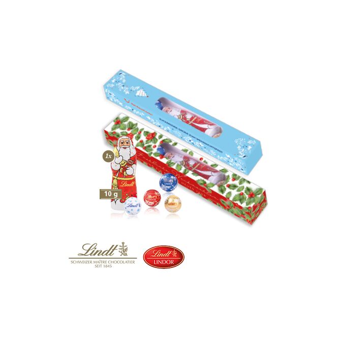 Firmengeschenk Lindt Weihnachtsparade – weihnachtlich – inkl. Werbeaufdruck. Hochwertige Schokolade als Weihnachtsgeschenk für Kunden und Partner