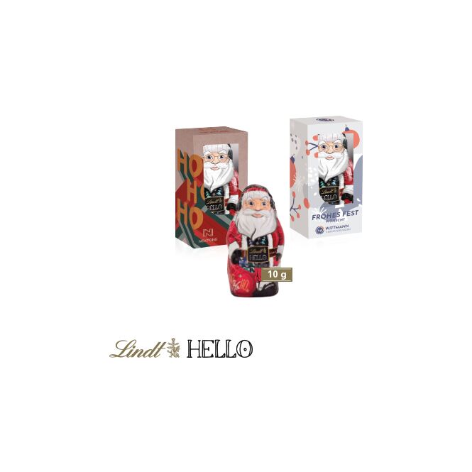 Firmengeschenk Lindt Hello X-Mas Santa – weihnachtlich – mit bedrucktem Etikett 10g als Weihnachtsgeschenk für Kunden und Mitarbeiter