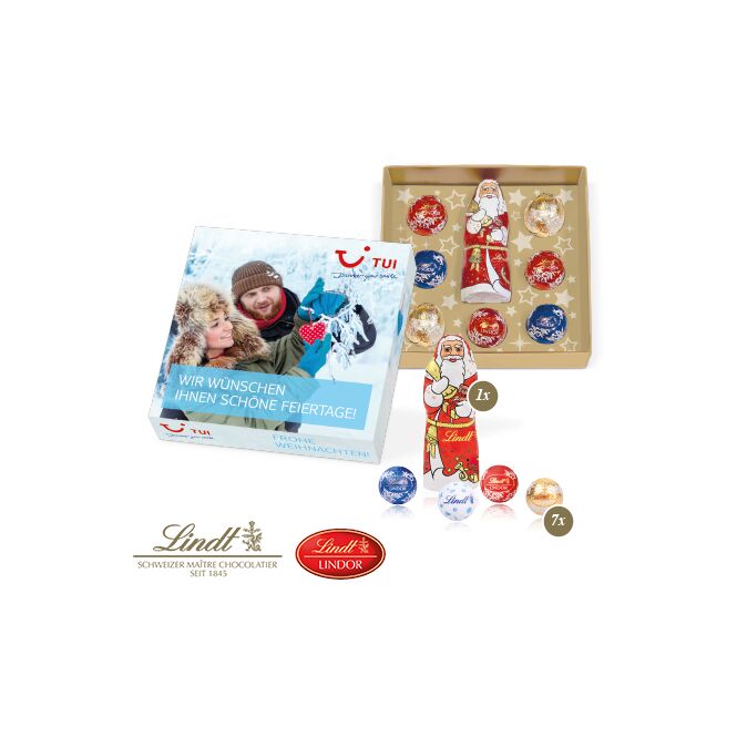 Firmengeschenk Lindt Schokolade Himmlische Weihnachtszeit – weihnachtliche schokolade – mit bedrucktem Etikett als Weihnachtsgeschenk für Kunden
