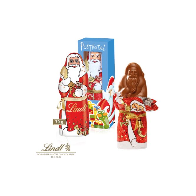 Firmengeschenk Lindt Weihnachtsmann – weihnachtlich – mit individuell bedruckter Werbekartonage 70 g als Weihnachtsgeschenk für Mitarbeiter