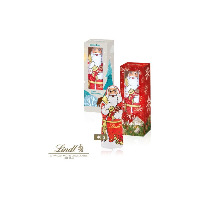 Firmengeschenk Lindt Weihnachtsmann – bunt – mit bedrucktem Etikett 40 g als Weihnachtsgeschenk für Kunden und Partner