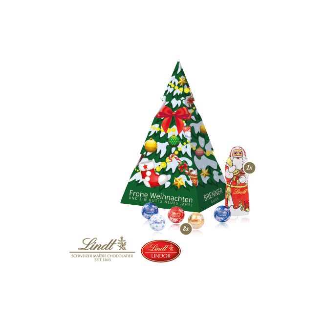 Firmengeschenk Lindt Weihnachtsbaum mit Minis & Nikolaus – bunt – mit individuellem Etikett als Weihnachtsgeschenk für Kunden und Partner