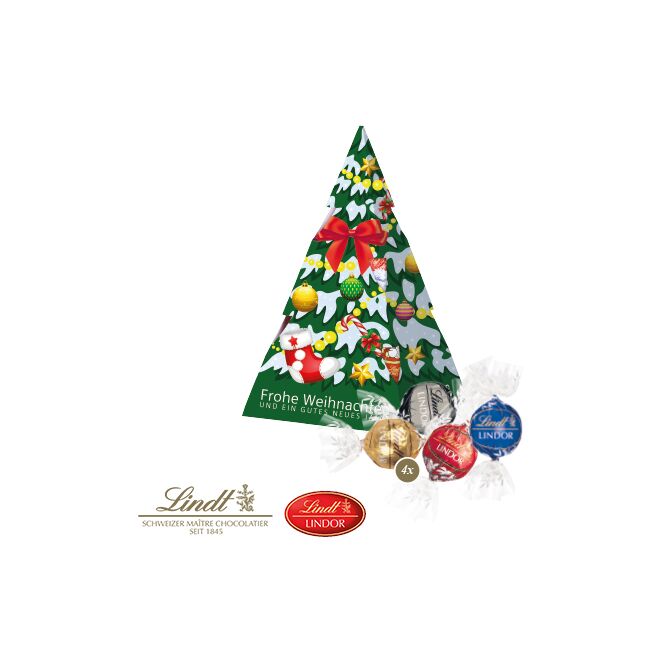 Firmengeschenk Lindt Weihnachtsbaum mit Lindor Pralinés – weihnachtlich – mit individuellem Etikett als Weihnachtsgeschenk für Kunden und Partner