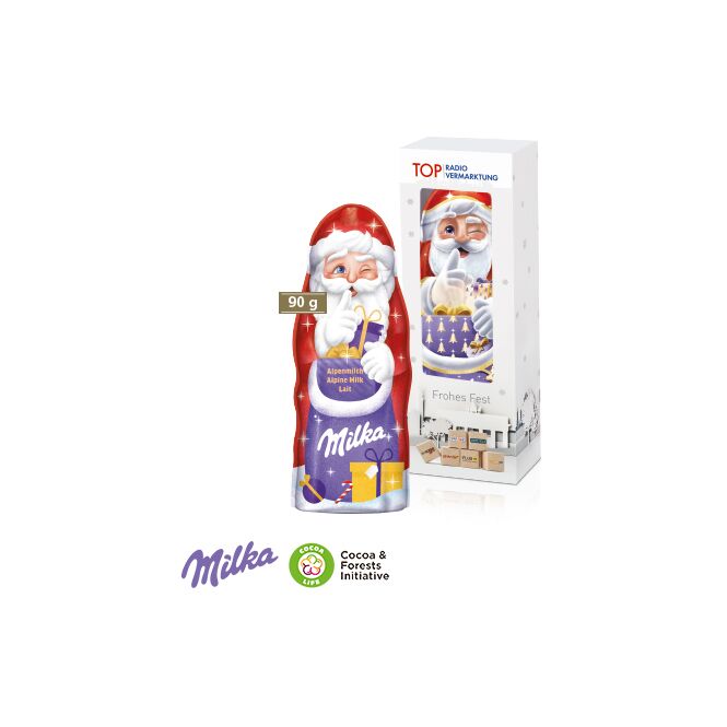 Firmengeschenk Milka Weihnachtsmann – weihnachten – mit bedrucktem Etikett 90 g als Weihnachtsgeschenk für Kunden und Partner