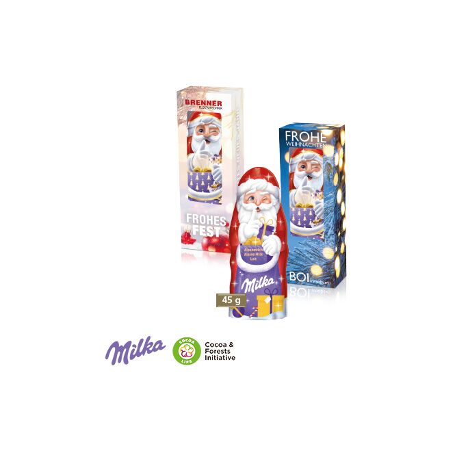 Firmengeschenk Milka Weihnachtsmann – weihnachtlich – mit bedrucktem Etikett 45 g als Weihnachtsgeschenk für Kunden und Partner