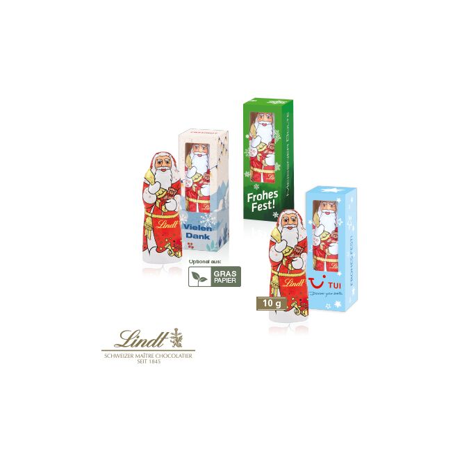 Firmengeschenk Lindt Weihnachtsmann – weihnachtlich – mit individuellem Etikett 10 g als Weihnachtsgeschenk für Kunden und Partner