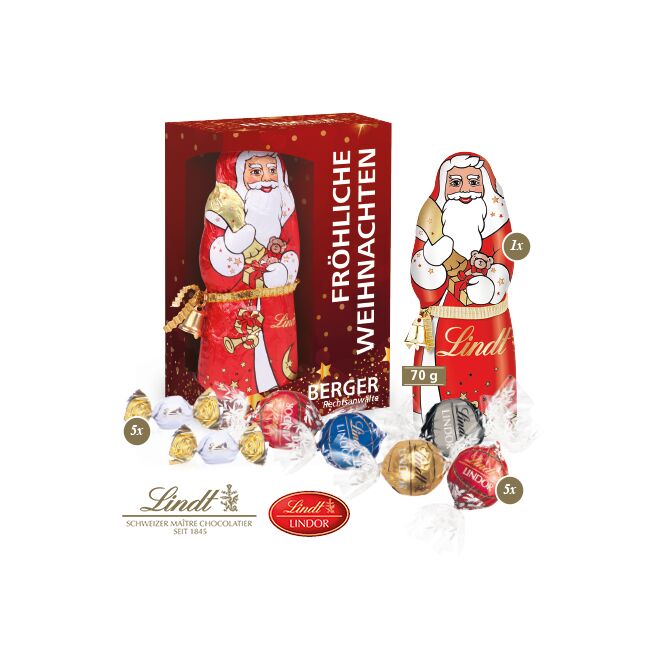 Firmengeschenk Lindt Weihnachtsmann Maxi – weihnachtlich – mit individuellem Etikett als Weihnachtsgeschenk für Kunden und Partner