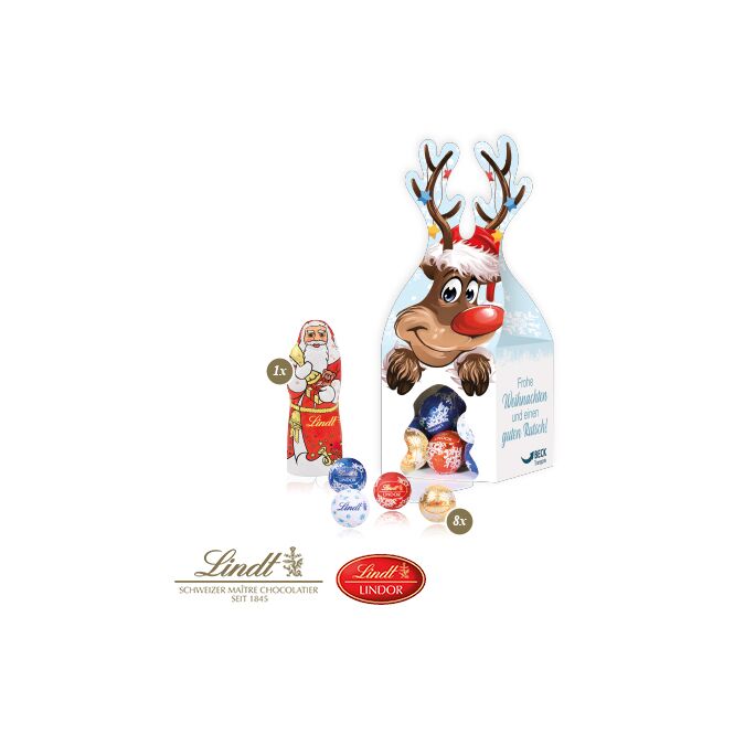 Mitarbeiter-Weihnachtsgeschenk 3D Rentier mit Lindt Minis mit Logodruck – Bunt – süßes Präsent für Kunden und Firmen