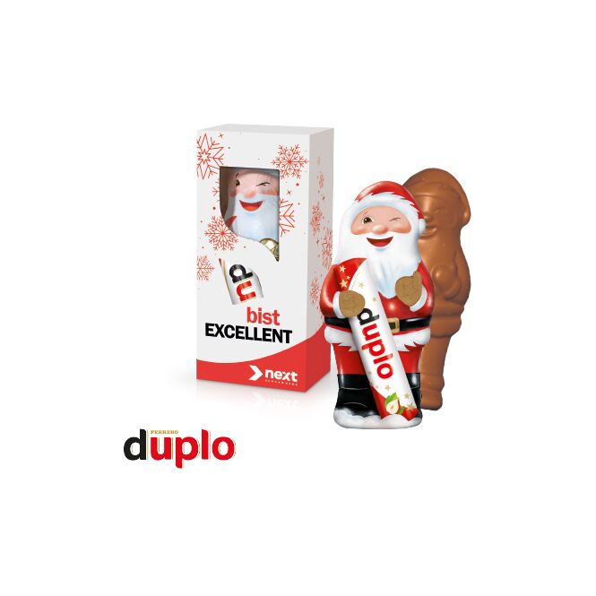 Firmengeschenk Duplo Weihnachtsmann – weihnachtlich – mit bedrucktem Etikett 18,2g als Weihnachtsgeschenk für Kunden und Partner