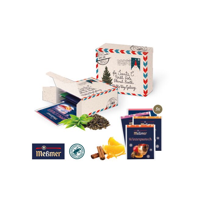 Werbemittel Meßmer Tee – premium-tee – mit individueller Banderole 5 teebeutel als werbegeschenk für kunden und partner auf messen