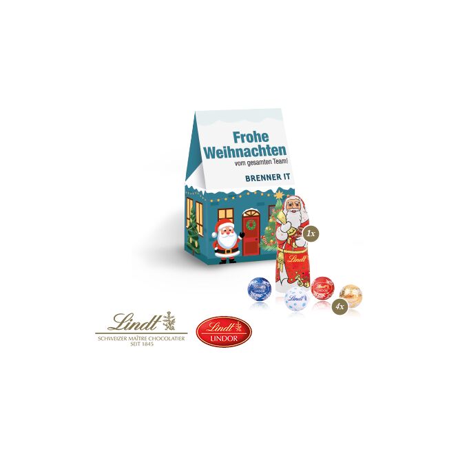 Firmengeschenk Lindt Christmas Minis mit Nikolaus – bunt – mit bedrucktem Etikett als Weihnachtsgeschenk für Kunden und Partner