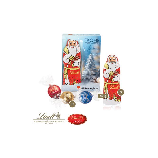 Firmengeschenk Lindt Weihnachtsmann Medium – weihnachtlich – mit individuellem Etikett 1 Stück als Weihnachtsgeschenk für Kunden und Partner