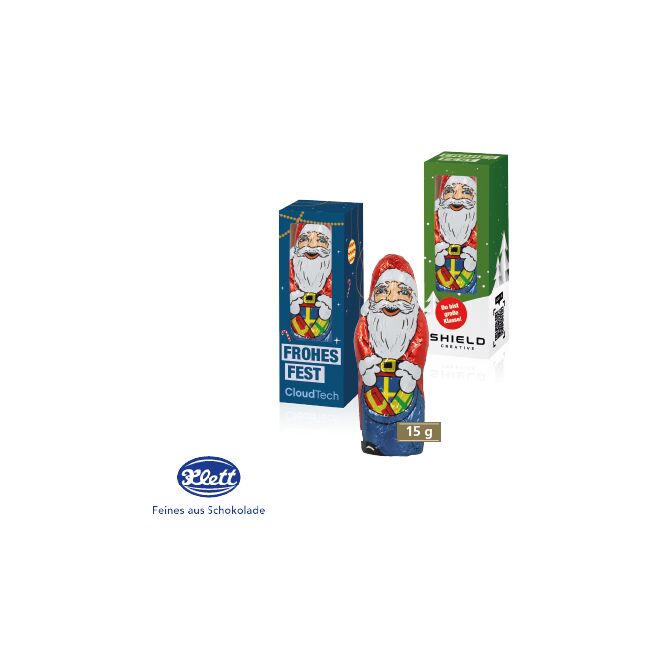 Firmengeschenk Weihnachtsmann von Klett – weihnachtlich – mit bedrucktem Etikett 15 g als Weihnachtsgeschenk für Kunden und Partner