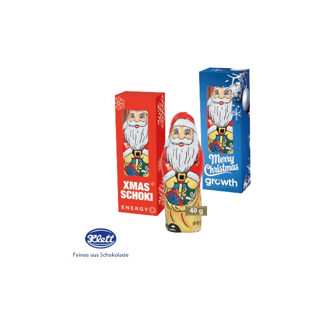 Firmengeschenk Weihnachtsmann von Klett – weihnachtlich – inkl. Werbeaufdruck 40 g als Weihnachtsgeschenk für Kunden und Mitarbeiter