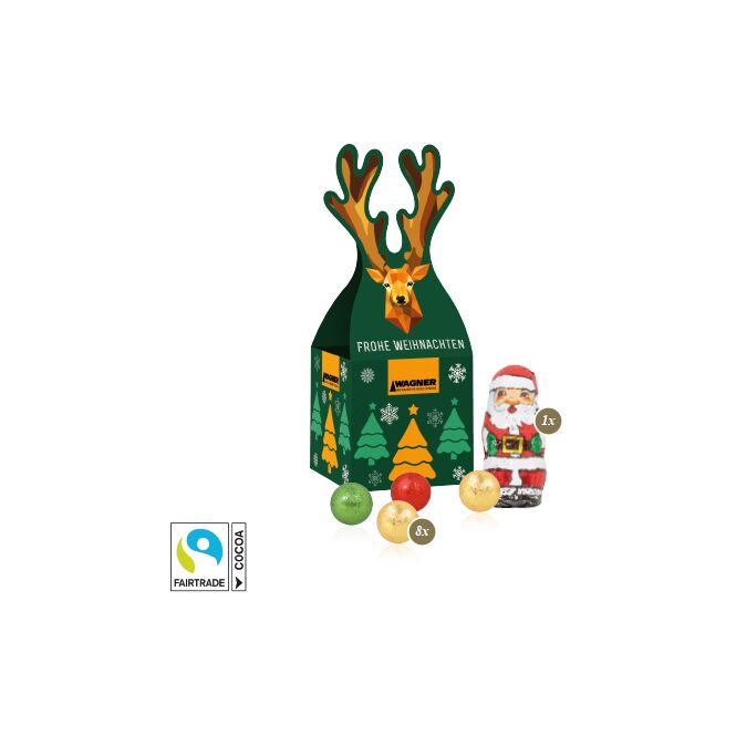 Firmengeschenk Rentier 3D Präsent – weihnachtlich – mit Logo bedruckt inkl. Fairtrade Schokolade als Weihnachtsgeschenk für Kunden und Partner