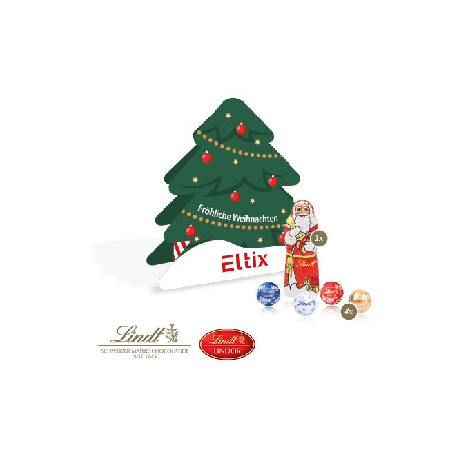 Firmengeschenk Lindt Tannenbaum mit Minis und Nikolaus – weihnachtlich – mit bedrucktem Etikett als Weihnachtsgeschenk für Kunden und Partner