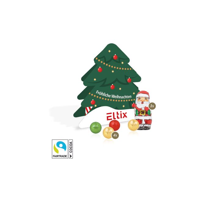 Firmengeschenk Tannenbaum mit Fairtrade Schokolade – weihnachtlich – inkl. Werbeaufdruck als Weihnachtsgeschenk für Kunden und Partner