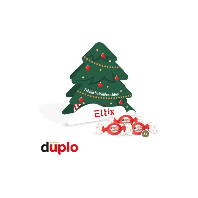 Firmengeschenk Duplo Tannenbaum – weihnachtlich – mit individuell bedrucktem Etikett 50g als Weihnachtsgeschenk für Kunden und Partner