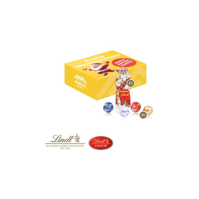 Firmengeschenk Lindt Minis und Nikolaus – bunt – mit bedrucktem Etikett als Weihnachtsgeschenk für Kunden und Partner
