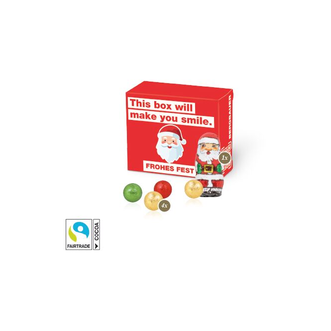 Firmengeschenk Santa Werbebox mit Fairtrade Schokolade – weihnachtlich – mit individuellem Etikett als Weihnachtsgeschenk für Kunden