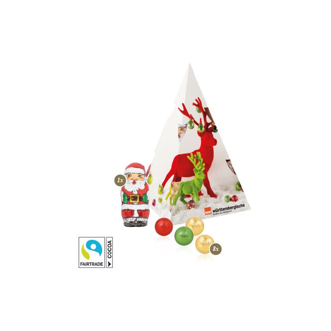 Firmengeschenk Weihnachtsbaum Fairtrade® Schokolade – weihnachtlich – mit individuellem Etikett als Weihnachtsgeschenk für Kunden und Partner