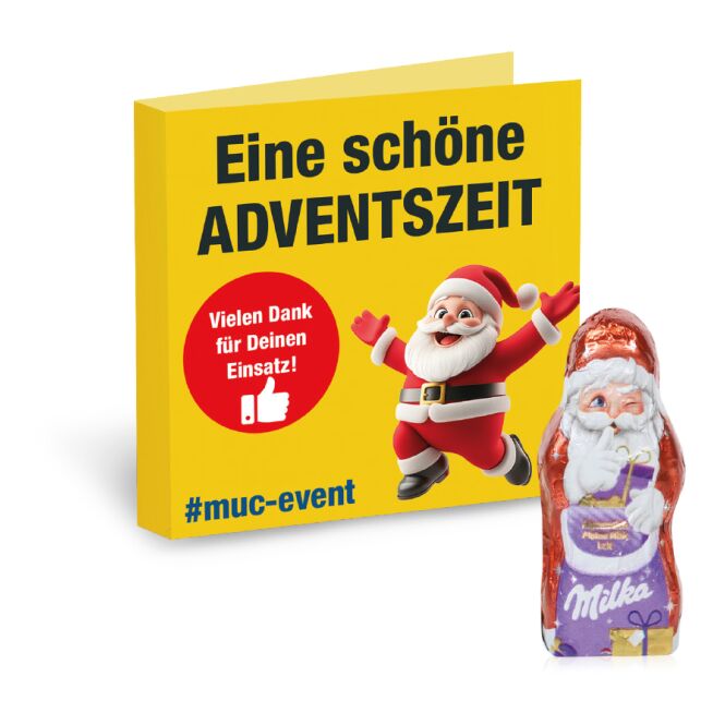 Firmengeschenk Milka Weihnachtsmann – bunt – mit bedrucktem Etikett ca. 15g als Weihnachtsgeschenk für Kunden und Partner