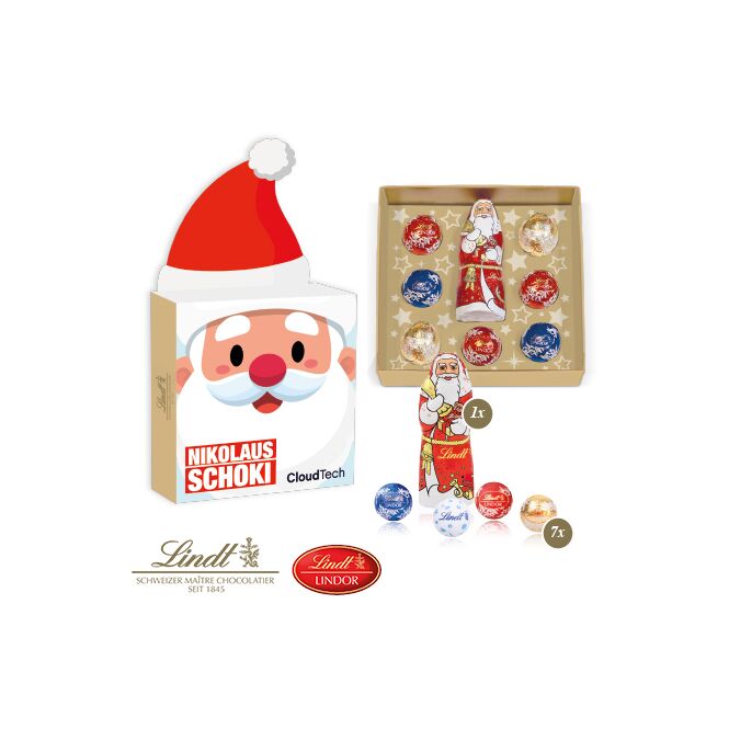 Mitarbeiter-Weihnachtsgeschenk Nikolausmütze mit Logodruck – Bunt – süßes Präsent aus Schokolade für die Firmenweihnachtsfeier