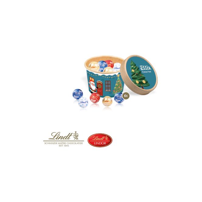Firmengeschenk Lindt Minis Christmas Paperbox – weihnachtlich – mit individuellem Etikett als Weihnachtsgeschenk für Kunden und Partner