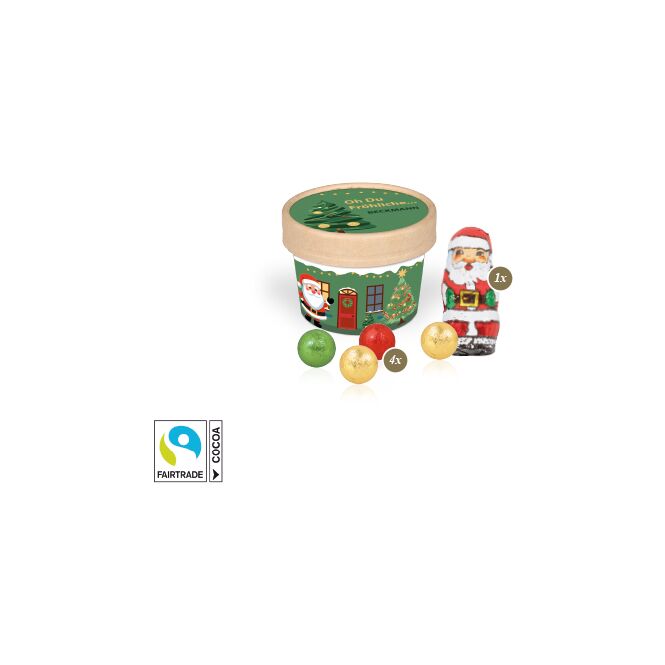 Firmengeschenk Christmas Paperbox mit Fairtrade Schokolade – weihnachtlich – mit bedrucktem Etikett als Weihnachtsgeschenk für Kunden und Partner