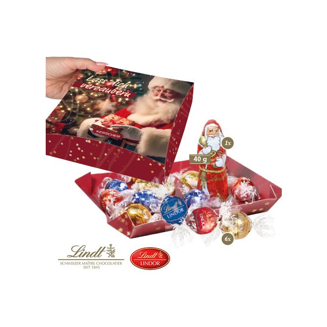 Firmengeschenk Lindt Editionsmischung – feinste schokolade – mit bedrucktem Etikett als hochwertiges Werbemittel für Geschäftspartner