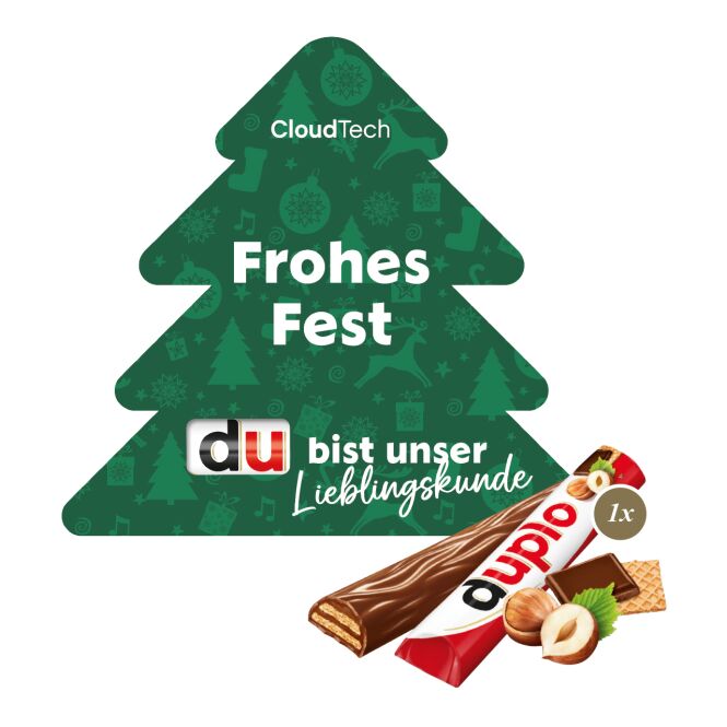 Firmengeschenk duplo Werbekarte Weihnachtsbaum – bunt – mit bedrucktem Etikett 18 g als Weihnachtsgeschenk für Kunden und Partner