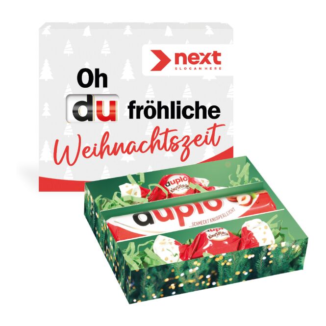 Firmengeschenk duplo Präsent – weihnachten – mit bedrucktem Etikett 33 g als Weihnachtsgeschenk für Kunden und Partner sowie Mitarbeiter