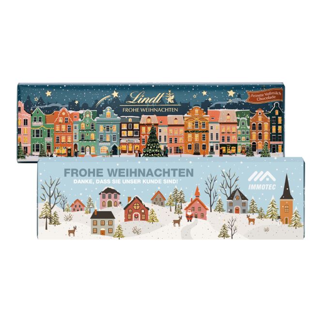 Firmengeschenk Lindt Schokoladentafel Frohe Weihnachten – weihnachtlich – mit bedrucktem Etikett 300 g als Weihnachtsgeschenk für Mitarbeiter