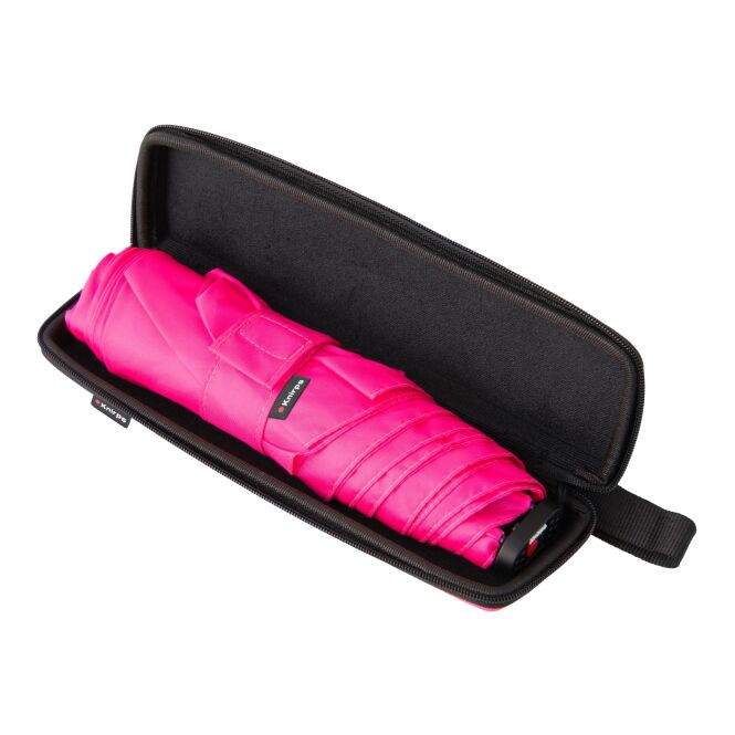 Firmengeschenk Taschenschirm Knirps X4U – neonpink – mit Logodruck 130g leicht, kompakter Regenschirm für Business-Events