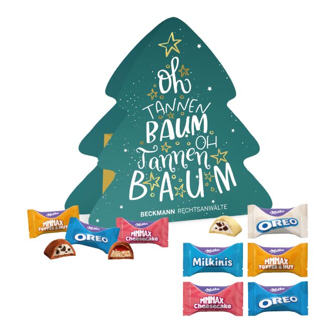 Firmengeschenk Milka Favourites – weihnachtsbaum – mit bedrucktem Etikett 55 g als Weihnachtsgeschenk für Kunden und Partner