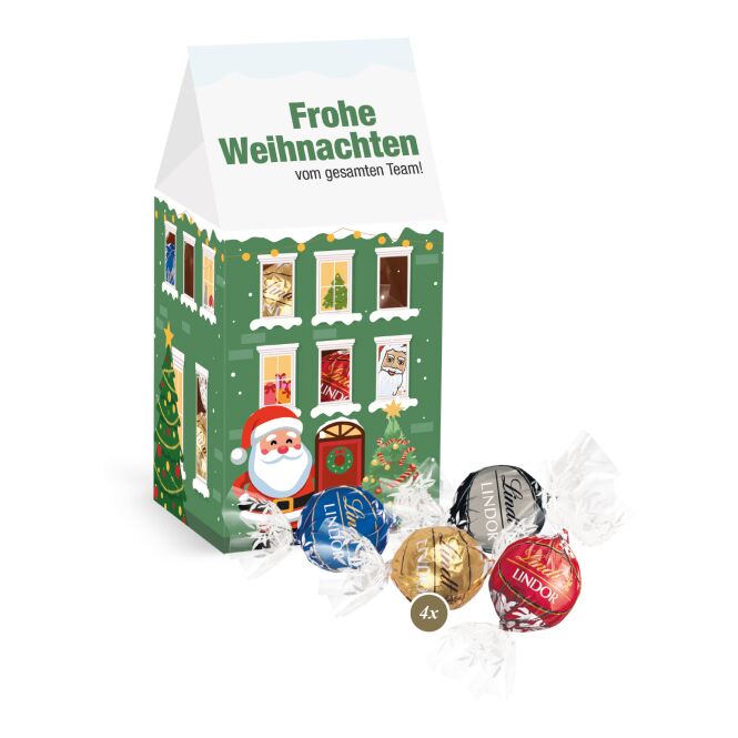 Firmengeschenk Lindt Weihnachtshaus Wintertraum – weihnachtlich – mit individuellem Etikett 60 g als Weihnachtsgeschenk für Kunden und Partner