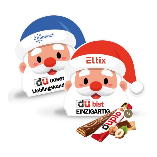 Firmengeschenk duplo Santa – weihnachten – mit Logo bedruckt 18 g als Weihnachtsgeschenk für Kunden und Partner sowie für Mitarbeiter